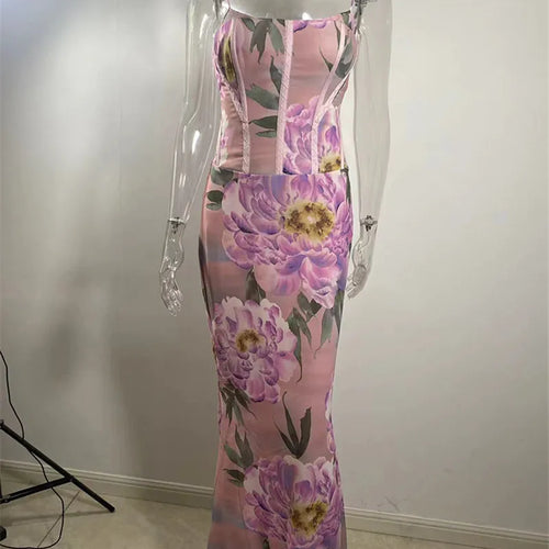 Load image into Gallery viewer, Pink Floral Sexy Maxi Dress Women Gown Spaghetti Strap Sleeveless Backless Elegant Evening Club Party Long Dress
