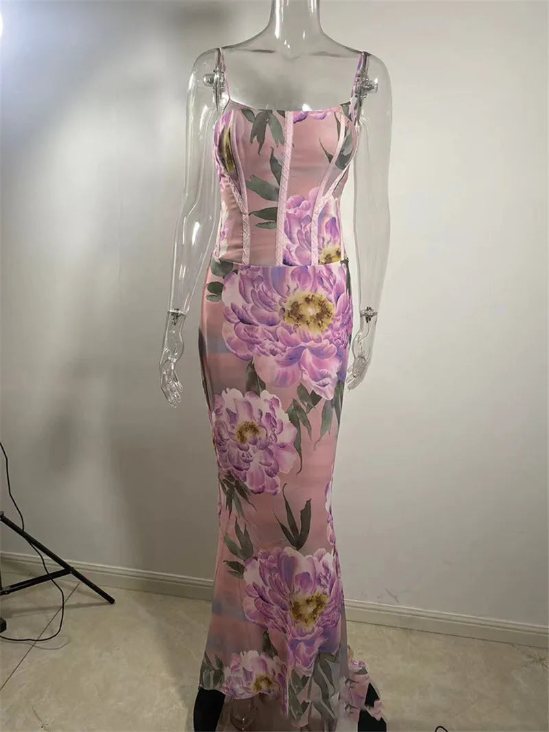 Pink Floral Sexy Maxi Dress Women Gown Spaghetti Strap Sleeveless Backless Elegant Evening Club Party Long Dress