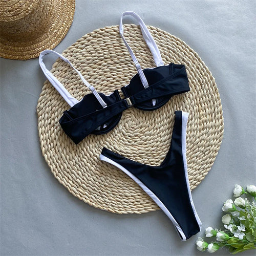 Load image into Gallery viewer, Black White Patchwork Sexy Halter Bikini Set Bandage Thong Women Swimwear Female Swimsuit Brazilian Bathing Suit
