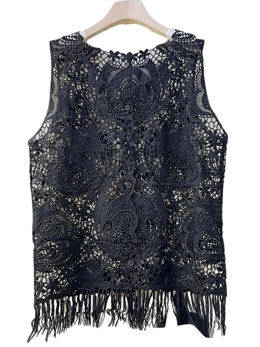 Solid Hollow Out Loose T Shirts For Women O Neck Sleeveless Minimalist Casual Spliced Tassel T Shirts Female New