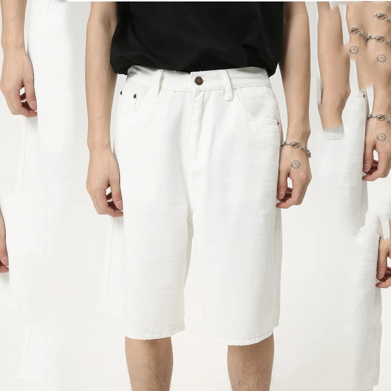 Fashion Denim Men's Simple Solid Color Shorts Straight Zipper Causal Wide Leg Male Trousers Chic Summer 2024 9C6098