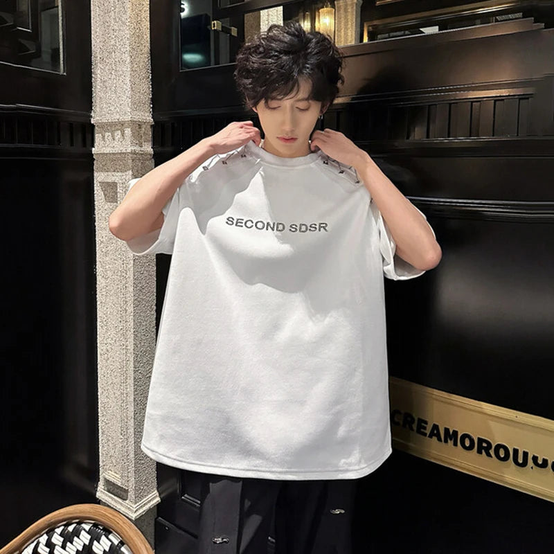 Men's Short Sleeve T-shirts New Summer Metal Chain Design Pad Shoulder Trendy Letter Print Fashion Style Male Top 9W1663