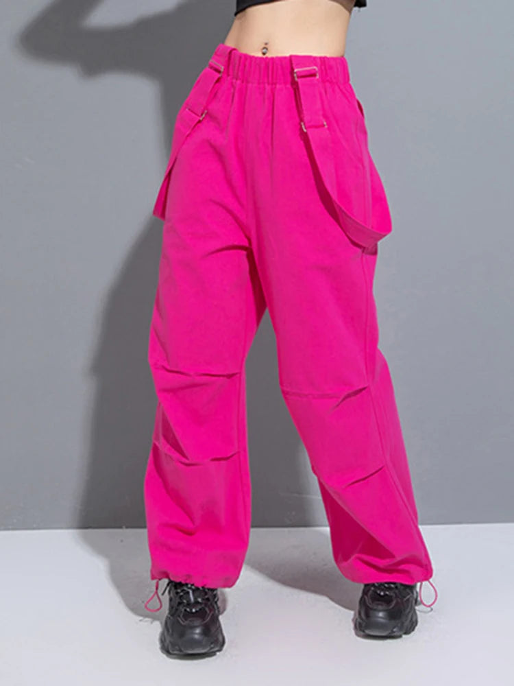 High Elastic Waist Rose Red Long Pocket Overalls Pants New Loose Fit Trousers Women Fashion Spring Autumn 2025 1DH0996