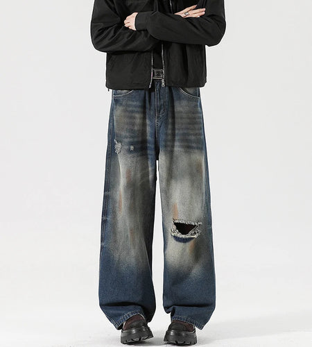 Men's Jeans Washed Dirty Ripped Stylish Hole Worn-out Design High Street Straight Leg Trendy Male Casual Trousers 9W2024