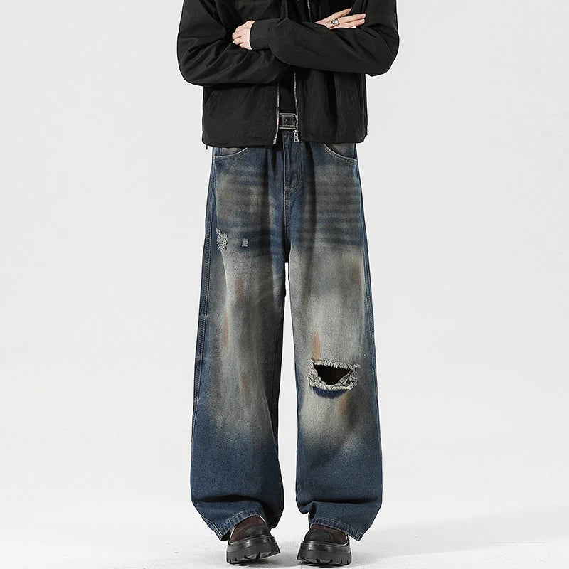Men's Jeans Washed Dirty Ripped Stylish Hole Worn-out Design High Street Straight Leg Trendy Male Casual Trousers 9W2024