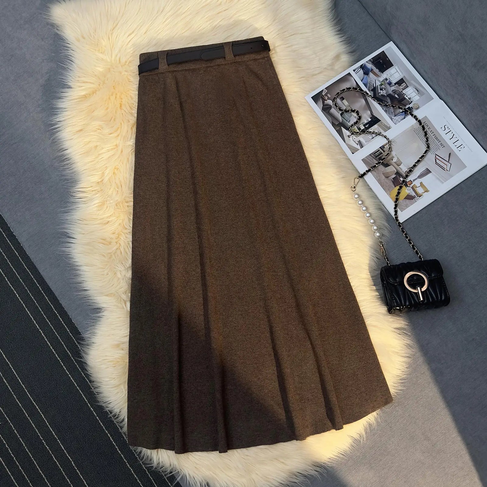 Korean Fashion Vintage Women Solid Elegant High Waist Party Long Skirts 2024 Autumn Winter A-line Pleated Knit Skirt Streetwear