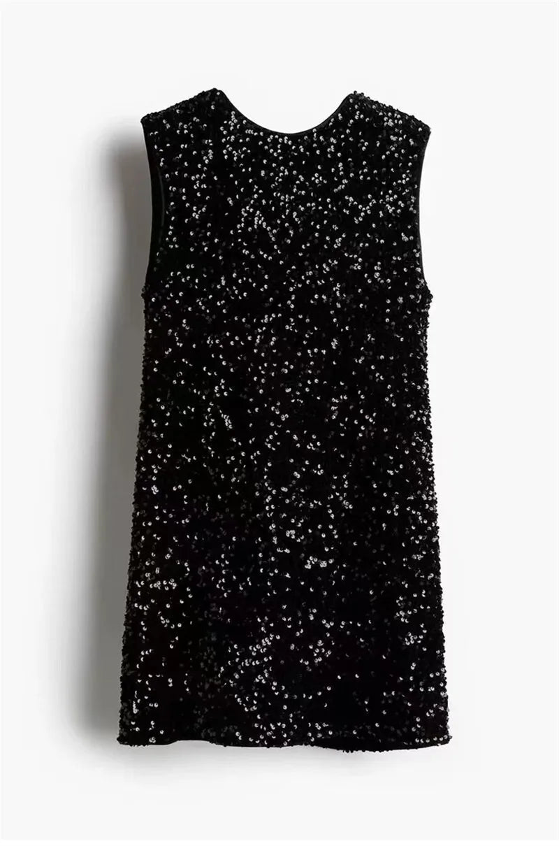 Sequins Backless Bow Sexy Mini Dress For Women Robe 2025 New Sleeveless A-line Sparkle Club Dress Elegant Vestido