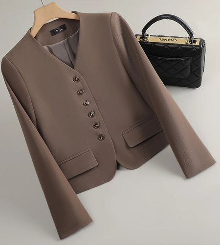 Fashion Women Black Brown V Neck Single Breasted Long Sleeve Blazer Coat 2025 Spring Autumn Beige Slim Office Lady Festival Tops
