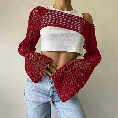 Load image into Gallery viewer, New Harajuku Grunge Solid Slash Neck Women Crop Pullovers Y2k Aesthetic Knitted Sexy Sweaters Streetwear Hollow Out Autumn Tops
