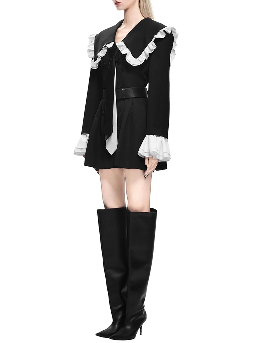 Hit Color Slimming Spliced Double Breasted Jackets for Women Peter Pan Collar Long Sleeves Fashion Jacket Female