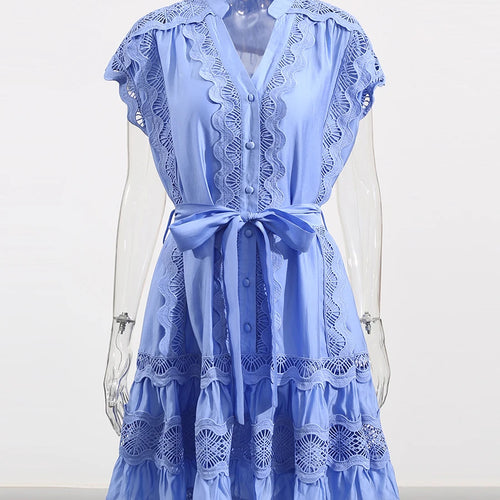 Load image into Gallery viewer, Hollow Out Spliced Single Breasted Dresses for Women V Neck Sleeveless Patchwork Lace Up Dress Female Clothing New
