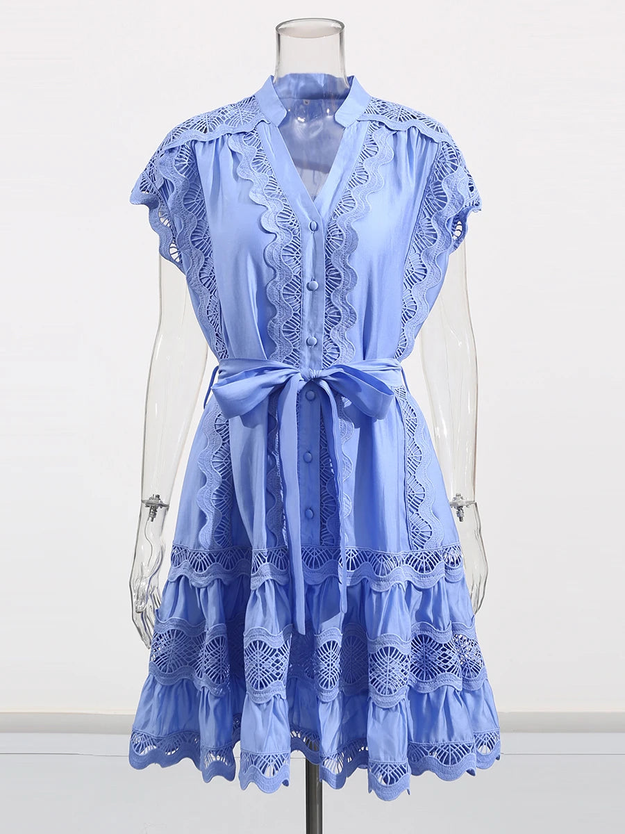 Hollow Out Spliced Single Breasted Dresses for Women V Neck Sleeveless Patchwork Lace Up Dress Female Clothing New