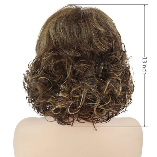 Load image into Gallery viewer, Synthetic Fiber Highlights Hairs Wigs for White Women Short Wig with Bangs Curly Wigs for Mother Gifts Brown Mommy Wig
