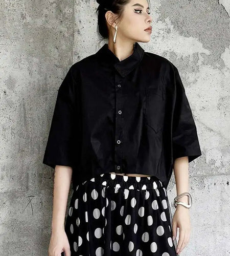 Women Black Brief Big Size Short Casual Blouse New Lapel Half Sleeve Shirt Fashion Tide Spring Summer 2025 1DH5843