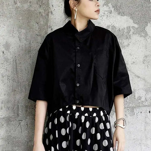 Load image into Gallery viewer, Women Black Brief Big Size Short Casual Blouse New Lapel Half Sleeve Shirt Fashion Tide Spring Summer 2025 1DH5843
