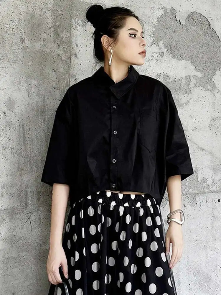 Women Black Brief Big Size Short Casual Blouse New Lapel Half Sleeve Shirt Fashion Tide Spring Summer 2025 1DH5843