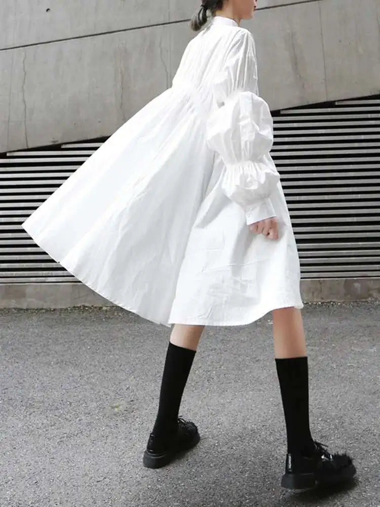 Women Blue Irregular Pleated Big Hem Shirt Dress New Stand Neck Long Sleeve Loose Fashion Tide Spring Autumn 2025 1DF9549