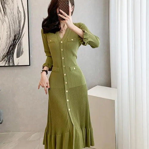 Load image into Gallery viewer, Autumn French Green V-neck Elegant Ruffles Knitted Dress Women Slim Long Sleeve Office Single Breast Dress 2024 New Fashion Chic
