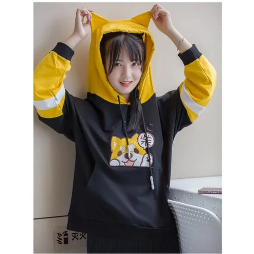 Load image into Gallery viewer, Women Cotton Hoodies And Sweatshirt Cartoon Dog Embroidery Patchwork Hooded Pullover For Sweet Style Girl Drawstring Tracksuits
