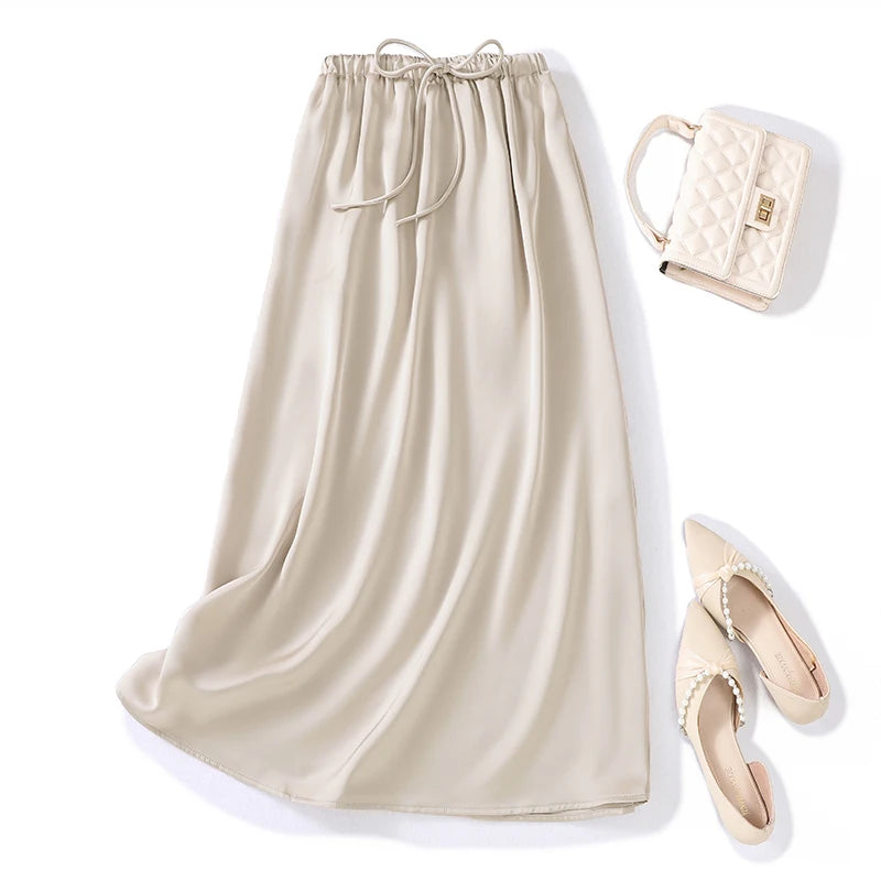 French Retro Solid Elegant Women Bandage Long Skirts Korean Fashion Pleated A-line Skirt Spring Autumn Office Wrapped Hip Skirt