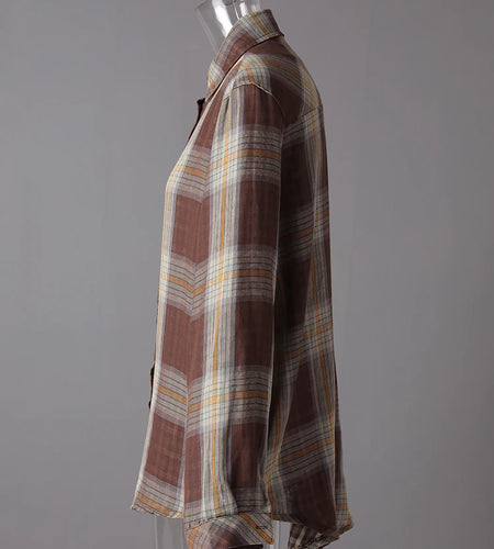 Women Plaid Vintage Back Button Big Size Casual Blouse New Lapel Long Sleeve Shirt Fashion Tide Spring Autumn 2025 26C1723