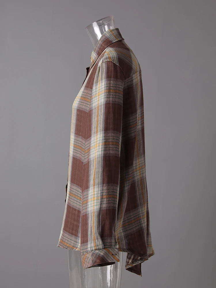 Women Plaid Vintage Back Button Big Size Casual Blouse New Lapel Long Sleeve Shirt Fashion Tide Spring Autumn 2025 26C1723