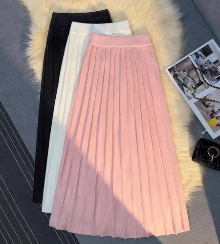 French Women Black White Elegant Knitted Long Skirt Pink High Waist Party Wrap Hip Pleated Skirts 2024 Autumn Winter Simplicity