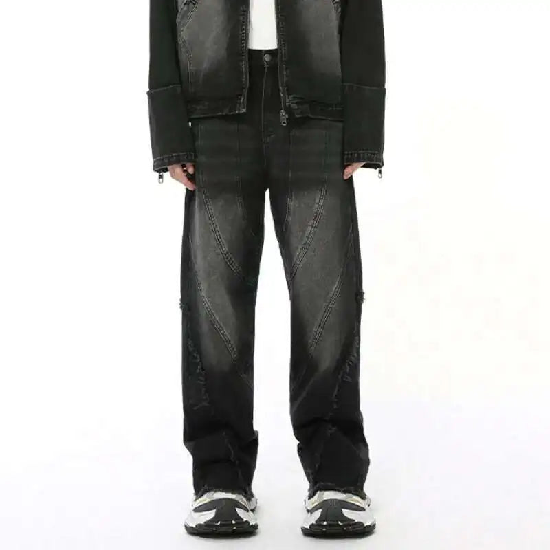 Simple Men's Denim Pants Raw Edge Tassel Design Solid Color Straight Casual Bottom Wide Leg Loose Male Jeans Stylish 9C8080