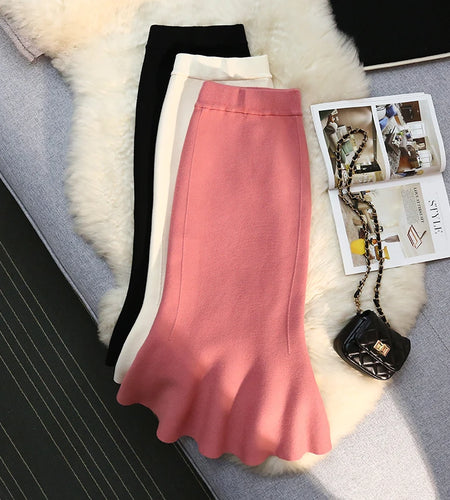 Autumn Winter Elastic Waist Knit Skirt For Women Vintage Slim Mid Length Casual Fashion Solid Color A-line Mermaid Skirts Female
