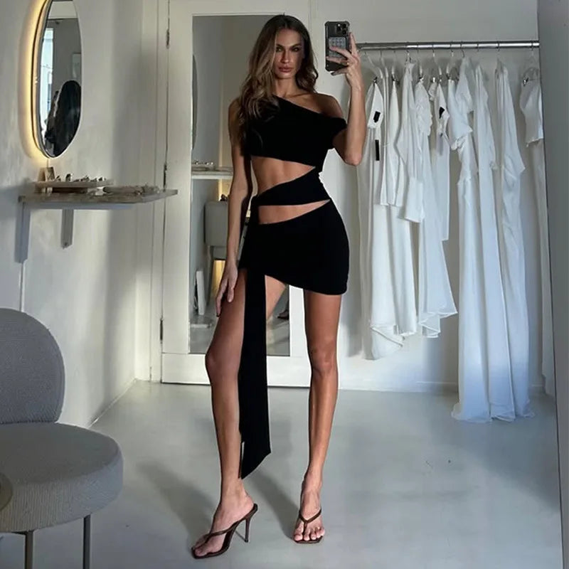 Hollow Out Oblique Shoulder Sexy Mini Dress For Women Robe Summer Black Sleeveless Backless Draped Skinny Club Dress