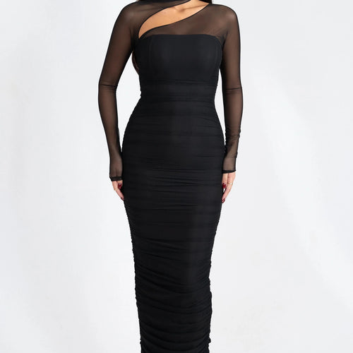 Load image into Gallery viewer, Elegant Long Sleeve Mesh Patchwork Hollow Irregular Dress Women Sexy Tight Double Layer Autumn/Winter 2025 New Vestido
