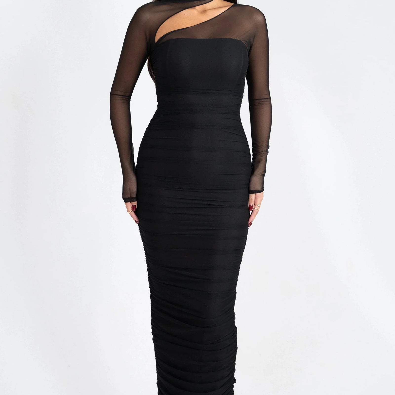 Elegant Long Sleeve Mesh Patchwork Hollow Irregular Dress Women Sexy Tight Double Layer Autumn/Winter 2025 New Vestido