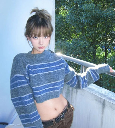 Vintage Striped Cropped Sweater Women Loose Harajuku Pullover Y2k Sexy Girl Korean Fashion Streetwear Fairy Jumper All Match