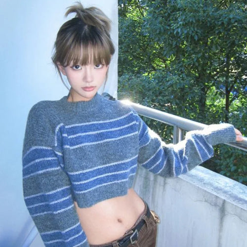Load image into Gallery viewer, Vintage Striped Cropped Sweater Women Loose Harajuku Pullover Y2k Sexy Girl Korean Fashion Streetwear Fairy Jumper All Match
