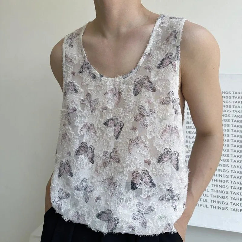 Fashion Thin Men's Tank Tops Casual Round Neck Sleeveless Butterfly Vintage Male Clothing Chic Summer Trend 9C6358