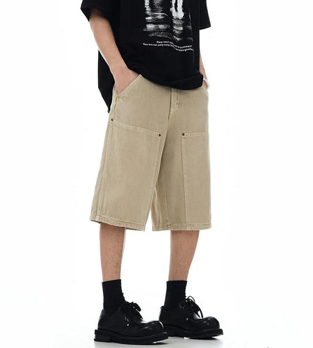 Men's American Style Spliced Cargo Shorts Summer Loose Trendyt Straight Leg Niche Design Solid Color Menwear 9W1711