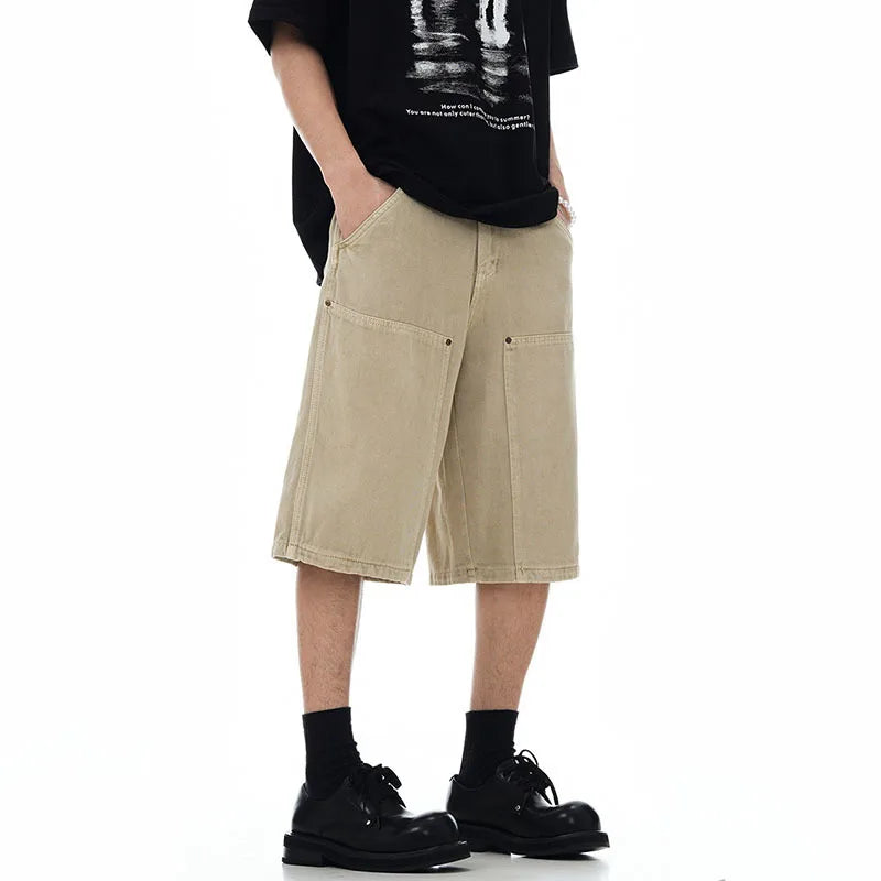 Men's American Style Spliced Cargo Shorts Summer Loose Trendyt Straight Leg Niche Design Solid Color Menwear 9W1711