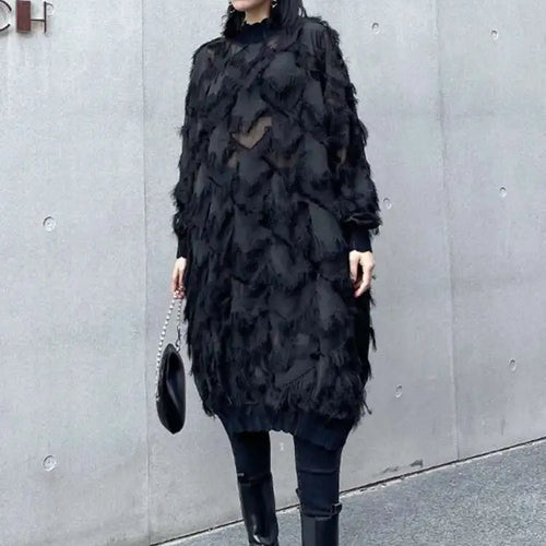Load image into Gallery viewer, Women Black Tassels Perspective Big Size Knee-Length Dress New Turtleneck Long Sleeve Fashion Spring Autumn 2025 1DH8741
