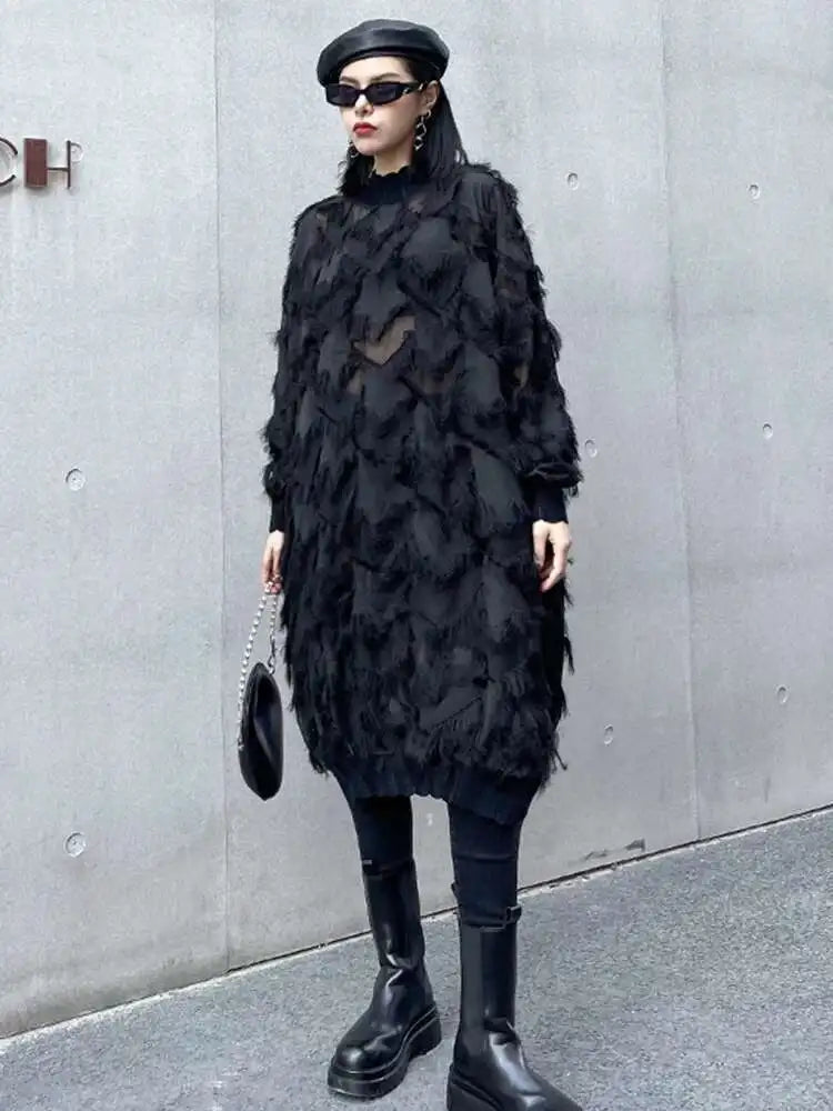 Women Black Tassels Perspective Big Size Knee-Length Dress New Turtleneck Long Sleeve Fashion Spring Autumn 2025 1DH8741