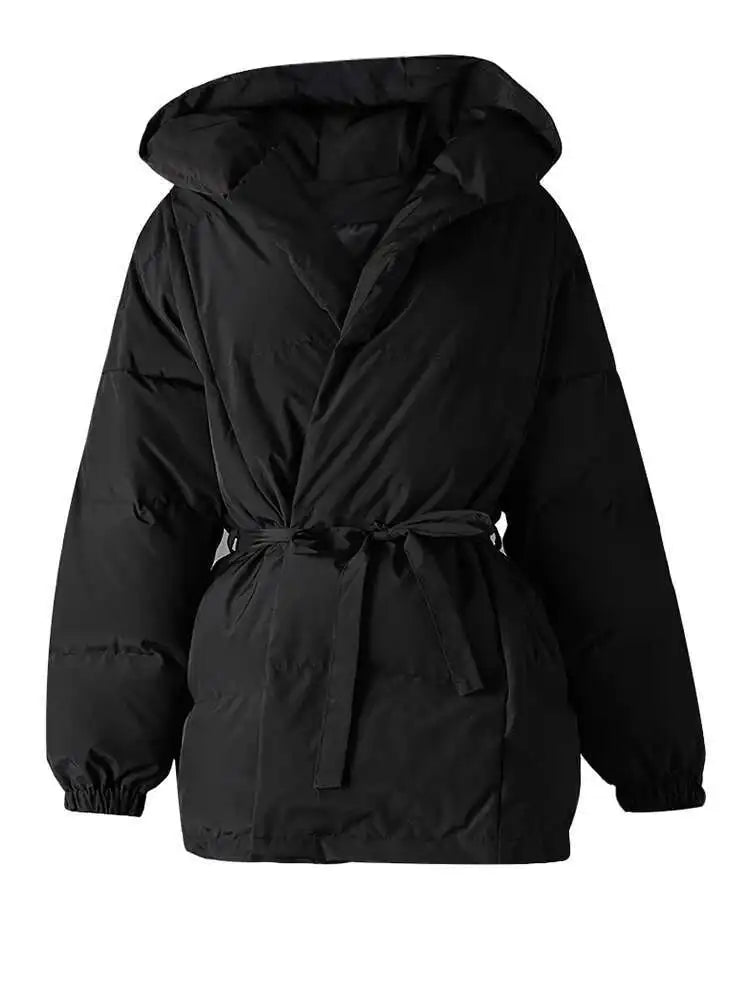 Wine Red Belted Big Size Warm Cotton-padded Coat Long Sleeve Women Parkas Fashion Tide New Autumn Winter 2025 2AA4243