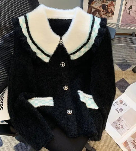 French Vintage Black White Patchwork Mink Sweater Women's 2024 Autumn Winter New Elegant Long Sleeve Cardigan Knit Tops Fashion