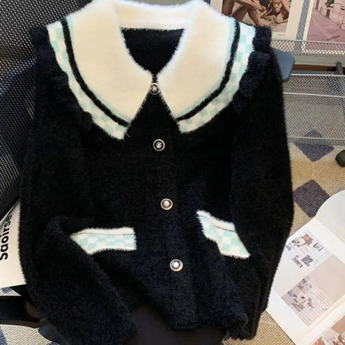 Load image into Gallery viewer, French Vintage Black White Patchwork Mink Sweater Women's 2024 Autumn Winter New Elegant Long Sleeve Cardigan Knit Tops Fashion
