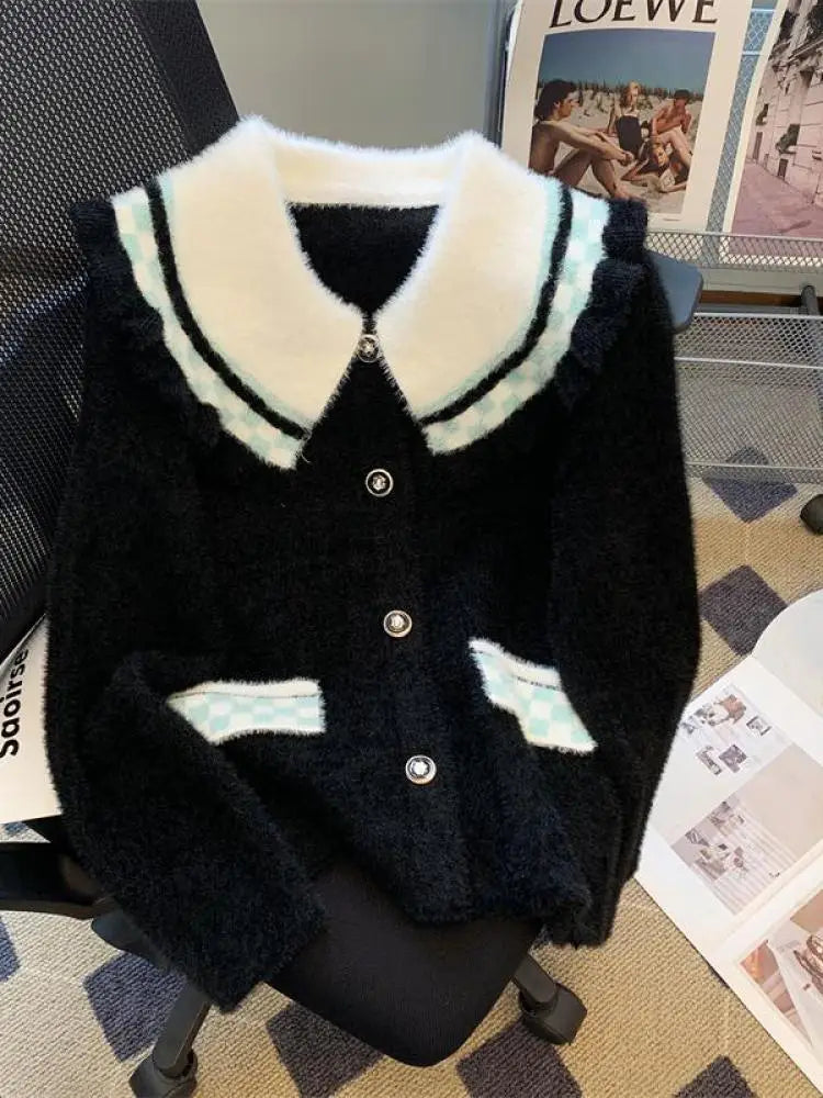 French Vintage Black White Patchwork Mink Sweater Women's 2024 Autumn Winter New Elegant Long Sleeve Cardigan Knit Tops Fashion