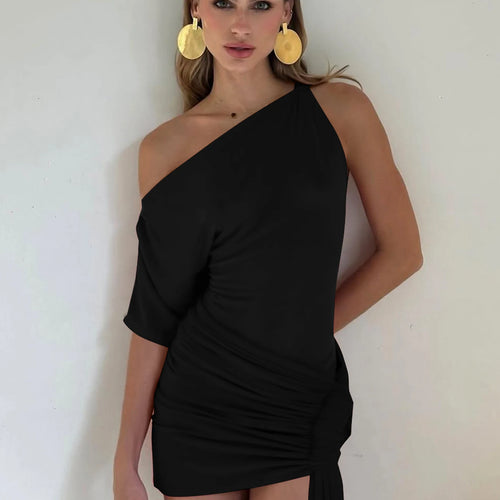 Load image into Gallery viewer, Fashion Solid One Shoulder Short Sleeve Draped Patchwork Sexy Mini Dress Summer Women Outfits Birthday Party Festival
