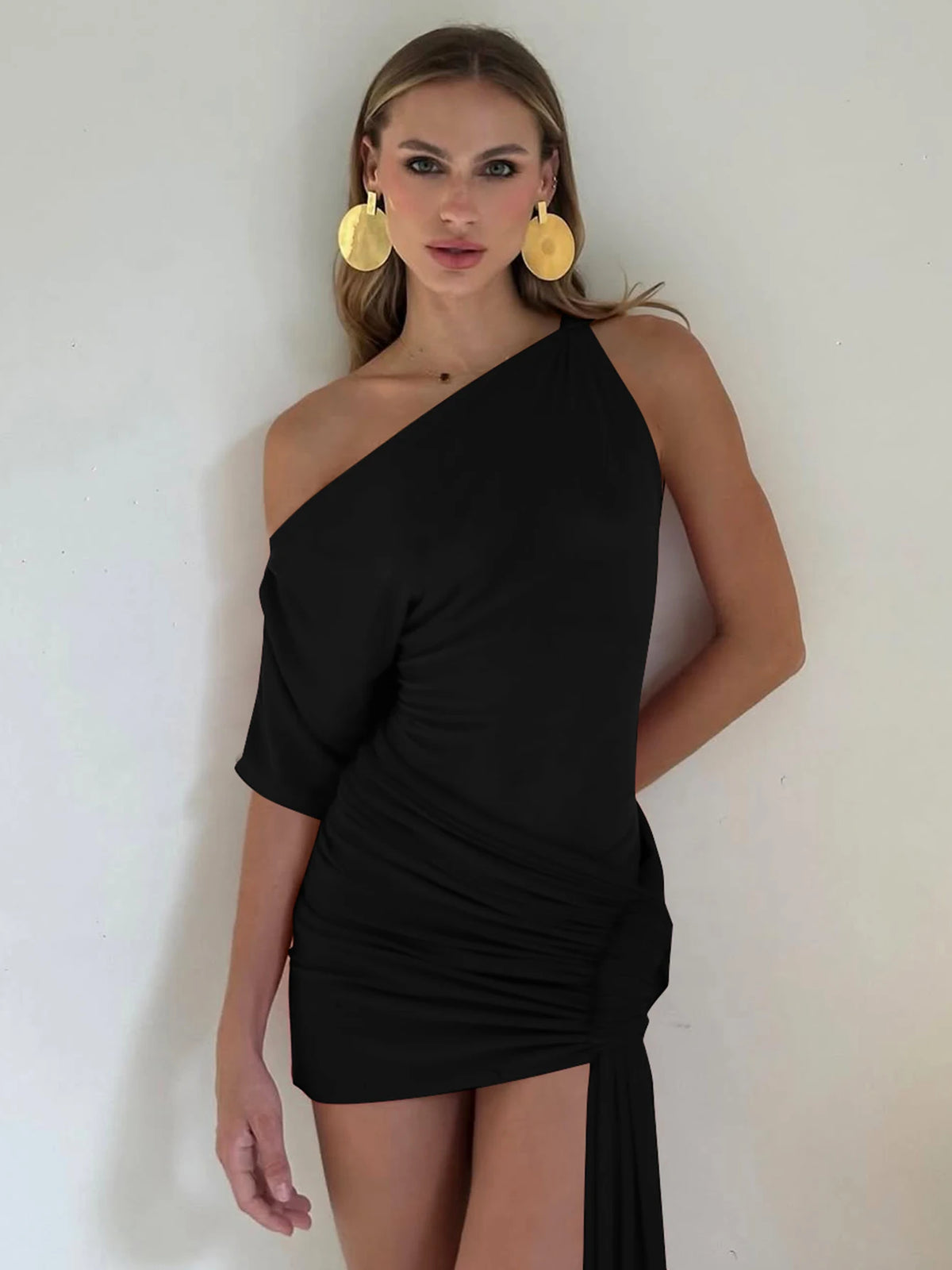 Fashion Solid One Shoulder Short Sleeve Draped Patchwork Sexy Mini Dress Summer Women Outfits Birthday Party Festival