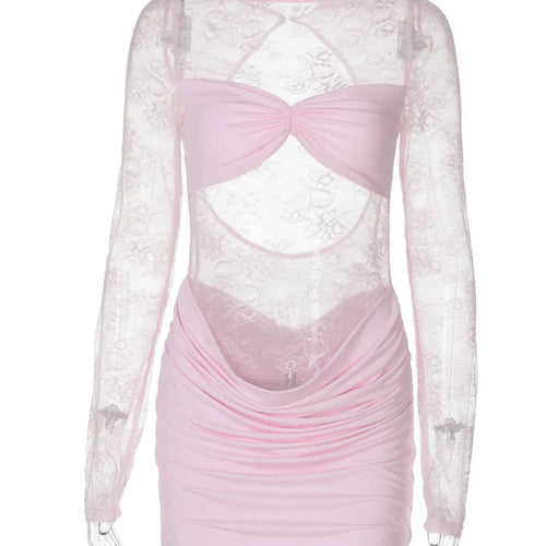 Load image into Gallery viewer, Lace See Through Ruched Sexy Mini Dress Women Elegant Patchwork Long Sleeve Strapless Backless Club Party Dress Female
