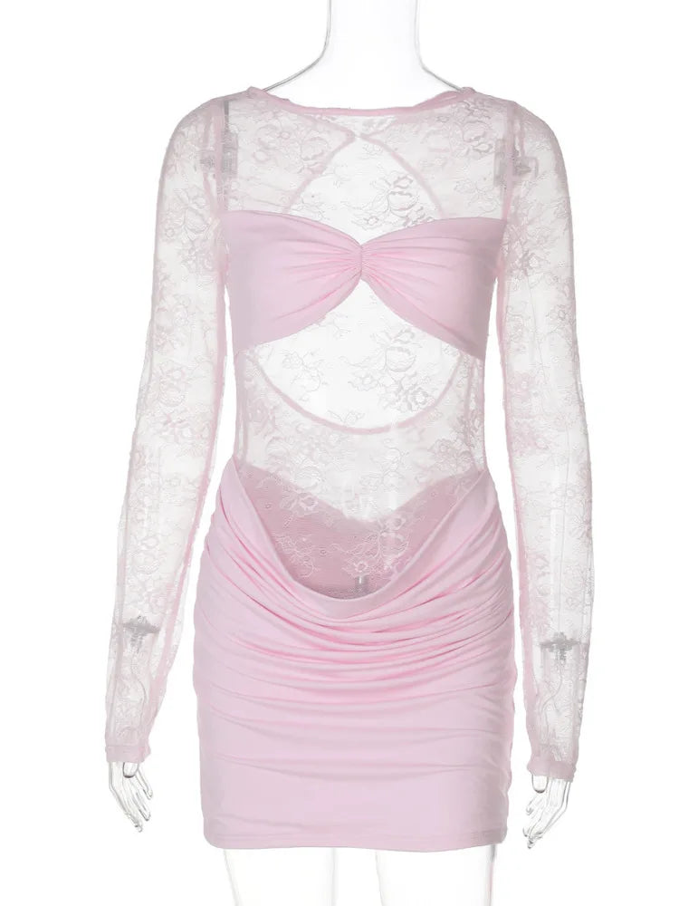 Lace See Through Ruched Sexy Mini Dress Women Elegant Patchwork Long Sleeve Strapless Backless Club Party Dress Female