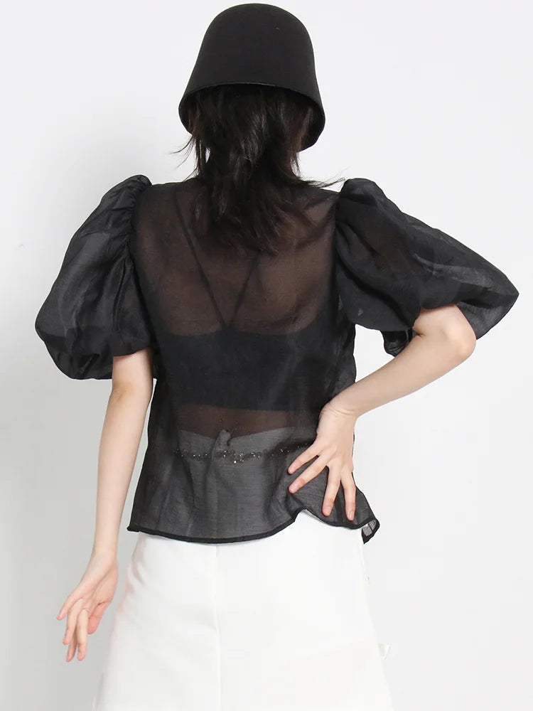 Ruffle Trim Black Shirt For Women Lapel Puff Sleeve Solid Button Through Blouse Female Fashion Clothing Style