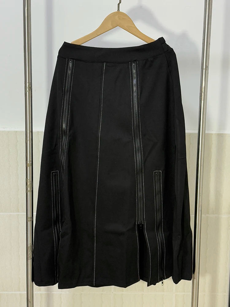 High Elastic Waist Black Zipper Irregular Casual Long Half-body Skirt Women Fashion Tide New Spring Autumn 2025 1DE1910