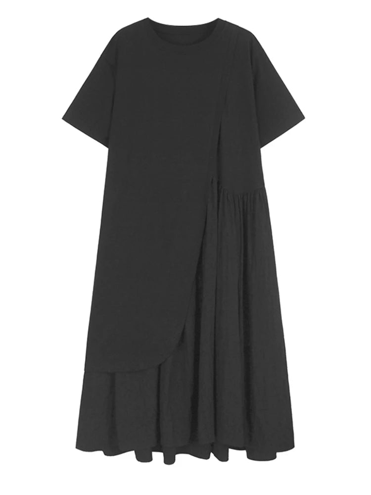 Women White Color-block Pleated Big Size Midi Dress New Round Neck Short Sleeve Fashion Tide Spring Summer 2025 1DJ1439